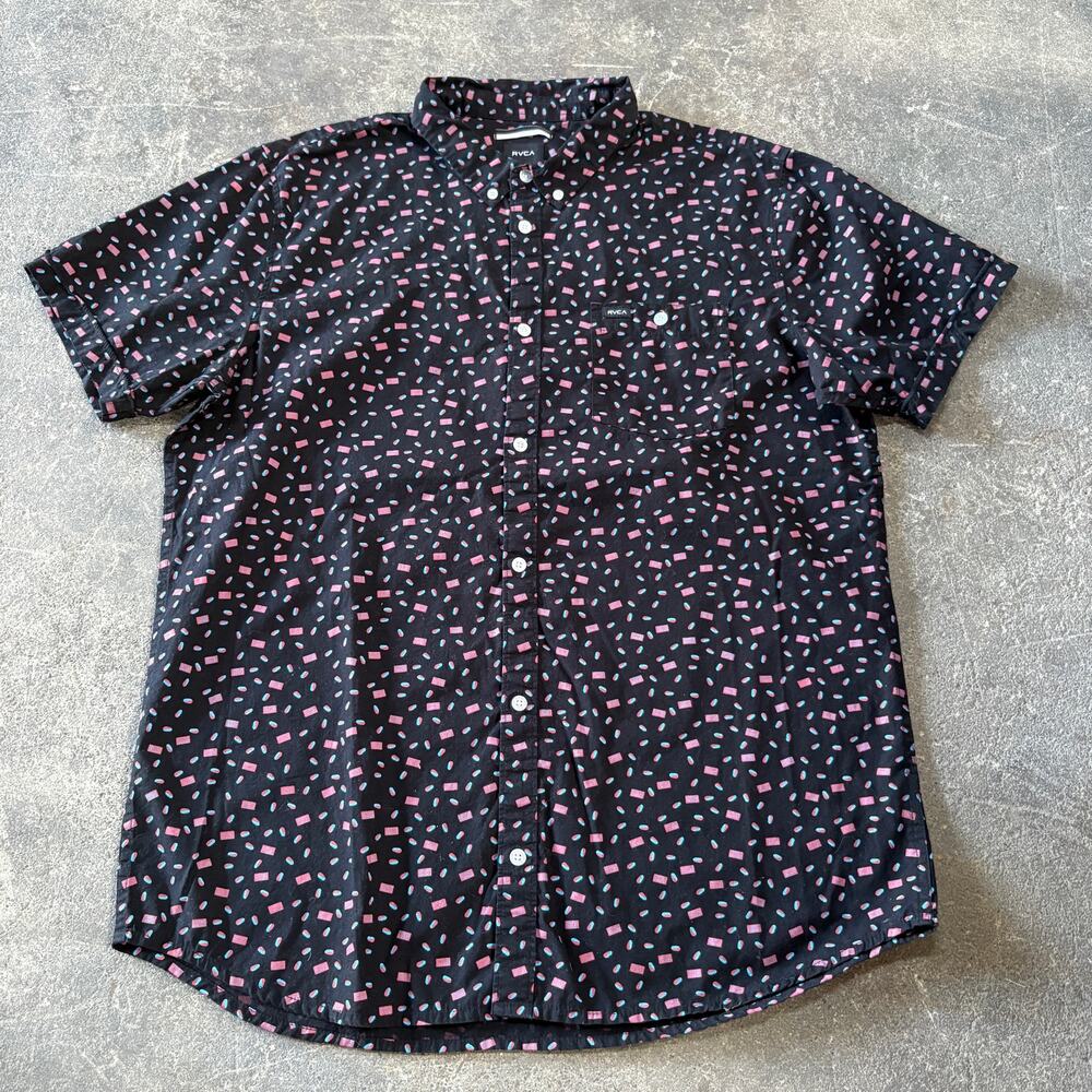 RVCA Slim Fit Button Down Shirt Size XL Black Retro Short Sleeve Skater